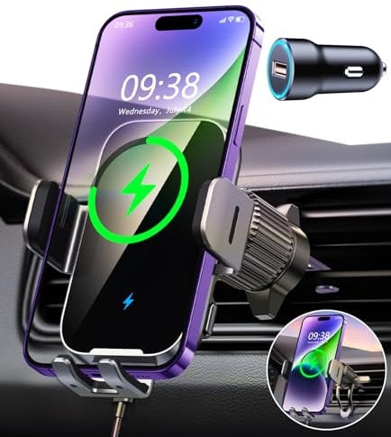 ISEYOU Car Phone Holder Wireless Charger, 15W Fast Charging Auto Clamping Wireless Car Charge, 360° Rotation Air Vent Mount With Electric Sensor Compatible For iPhone 16 15 14 Pro Max, Samsung Galaxy