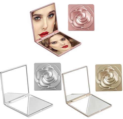 Forreen Petit Miroir de Poche Femme, 3 Pièces Miroir de Maquillage Compact Rectangulaire Motif de Rose Portable Pliant Miroir Maquillage avec Grossissement x1/x3 pour Divers Détails de Maquillage