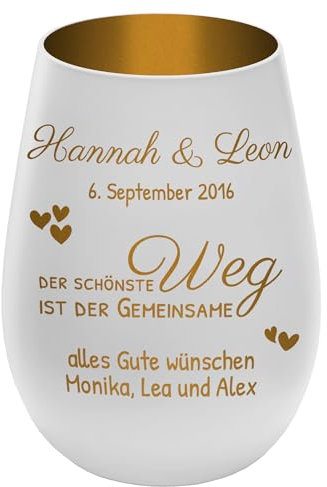 Windlicht mit Gravur ''Der schönste Weg'' - Weiß/Gold - Teelichthalter personalisierbar mit Wunschtext - Geschenk zu Valentinstag Hochzeit Verlobung Jahrestag