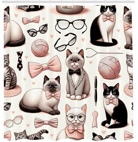 ABAKUHAUS Chat Rideau de Douche, Motif De Chats Nerd Drôles avec des Lunettes Et des Nœuds Papillon, Material Resistente al Agua Durable Estampa Digital, 175 cm x 200 cm, Rose Pâle Taupe Foncé