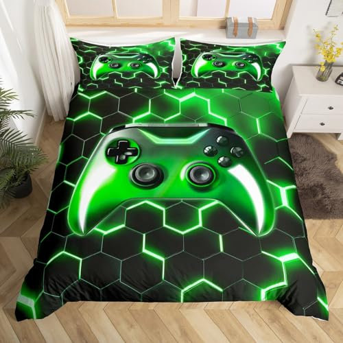 Homewish Gamer Bedding Set Gaming Double Duvet Cover Sets Teenage Boys 3D Game Console Duvet Set, Geometric Neon Light Honeycomb Comforter Cover, Green Black Bedding for Boys Bedroom Decor