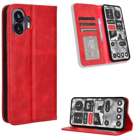 Wigento Für Nothing Phone 2 Handy Tasche Rot Etuis Kunst-Leder Hülle Retro Textur