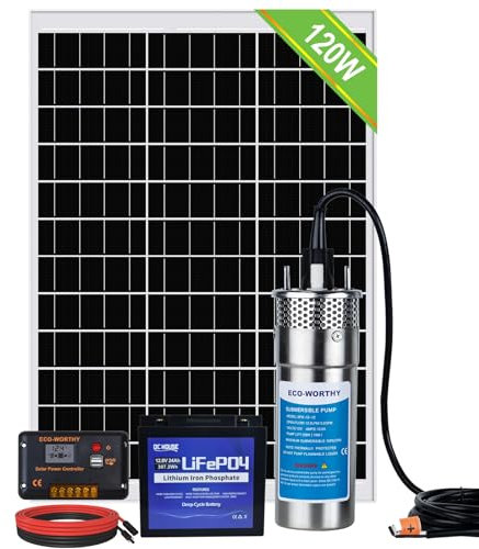 DCHOUSE Kit pompa pozzo solarecon batteria di backup, pompa acqua in acciaio inossidabile da 12V + kit pannello solare da 120W + batteria da 30Ah + controller da 20A, per pozzo, irrigazione