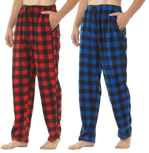 LNFINTDO Confezione da 1 – 2 pantaloni pigiama da uomo in pile, motivo scozzese, morbidi, a quadretti, con tasche, indumenti da notte, rosso e blu., M