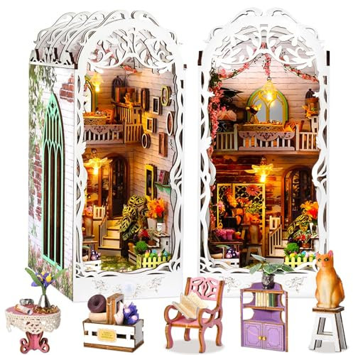 PeaZeLee Buch Nook Kit, DIY Buch Nook Kits für Erwachsene, 3D hölzerne Puzzle Bücherregal Dekor mit LED-Licht, hölzerne Buchstütze Handwerk Geschenke-Garten Haus