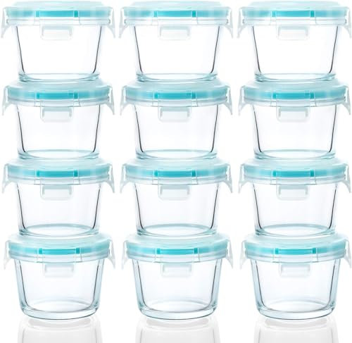 12 Pack Glass Baby Food Storage Containers, 6 Oz Baby Food Glass Containers with Airtight Locking Lids for Snacks, Overnight Oats, Condiment Salad Dressing Sauce, Microwave, Dishwasher Safe (Round)