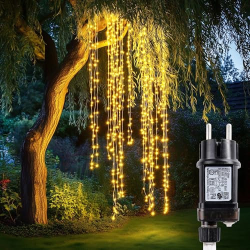 TobeBright 2M 400 LED Lichterkette Aussen,8 Modi Timer Weihnachten Lichterkette LED Lichterschweif mit Strom, IP65 Wasserdichte Wasserfall Lichterkette für Weihnachten Garten Balkon Baum