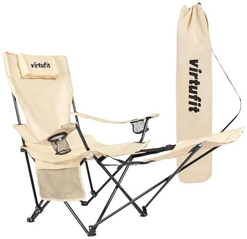 VirtuFit Chaise de camping pliante - Chaise de plage avec repose-pieds - Beige