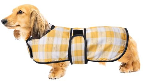 Geyecete Hunde Regenmantel,Einstellbar Wasserdicht Hundejacke für Dackel,Regenmantel mit reflektierenden Trägern,Regenjacken mit Gürtel mit Klettverschluss für Miniaturdackel-Kariert Gelb-L