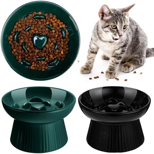 Tioncy 2 Pcs Ceramic Elevated Slow Feeder Cat Bowl, Dark Green, Black | Raised Cat Slow Feeder Bowl, Anti Vomiting for Dry and Wet Food, No Spill, High Edge, Dishwasher Safe