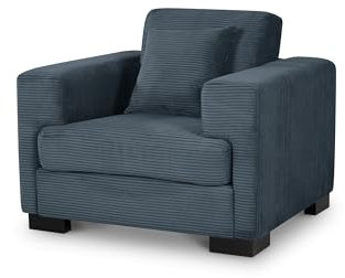 Plush Cord Blue Fabric Single Sofa 99 CM Wide Armchair – Durable Fabric & Removable Cushions , Compact Quality Modern Rectangular Living Room Snuggle Chair for Small Spaces & Apartments
