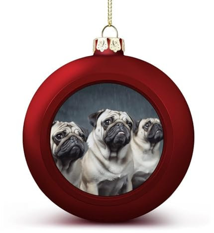 YHEGBFD 2 Weihnachtskugeln, lustiger Mops-Aufdruck, Weihnachtsbaumschmuck-Set für Feiertage, Party-Dekoration