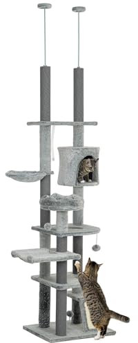 PawHut Árbol para Gatos de Suelo a Techo de 225-255 cm Árbol Rascador para Gatos con Altura Ajustable Plataformas Cueva Cama Hamaca Rampa Bolas Juguetes Gris