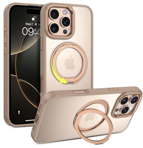 VENINGO for iPhone 16 Pro Case,Compatible with MagSafe 360° Rotatable Kickstand Ring Holder Clear Back Shockproof Slim Bumper Military Grade Protection Case for iPhone 16 Pro, Desert Titanium
