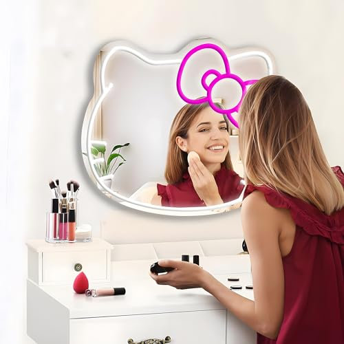 Zmmyuluo Hello Kit Neonschild-Spiegel, 46 x 40,9 cm, Anime-Katze, Neonspiegel, Make-up-Wandspiegel mit dimmbarem Kawaii-Katzen-Schminkspiegel für Schlafzimmer, Spielzimmer, Kindergeburtstag,