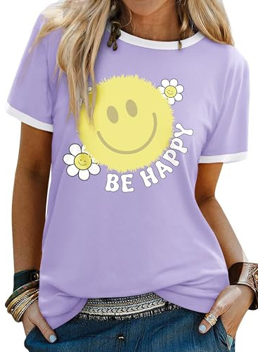 Dresswel Camiseta para mujer con estampado de sonrisas, cuello redondo, manga corta, camiseta de verano, camiseta de verano, blusa, A2-lila., M