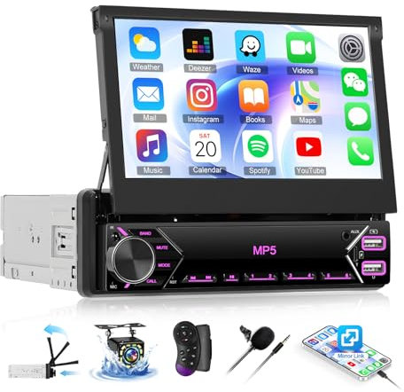 OiLiehu Single Din Touchscreen Car Stereo, 7'' Flip Out 1 Din Car Screen with Bluetooth, Mirror Link, FM Radio, EQ, Steering Wheel Control, AUX-IN, USB/Type-C, Backup Camera, Microphone