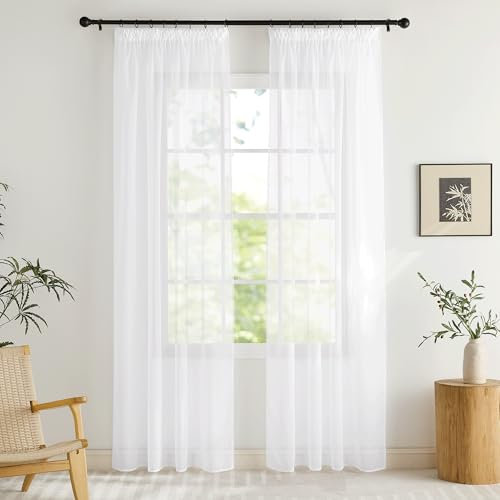 KGORGE Stores Gardinen mit Kräuselband für Schiene Voile Gardinen Weiss Transparent Vorhänge Wohnzimmer Modern Vorhang Durchsichtig Sheer Curtains White 2-Set H 220 x B 140 cm