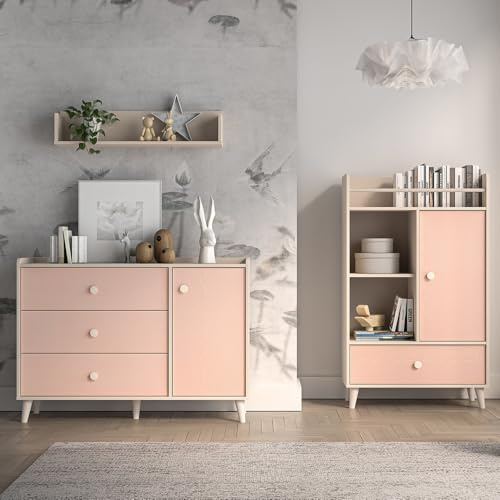 Lomadox Kinderzimmer Set 3-teilig in Sandbeige mit rosa fühlbare Struktur Wandboard Kommode Regal Softclose-Funktionen Kindermöbel modern