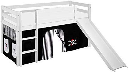 Lilokids Hochbett mit Rutsche JELLE 90×200 cm | 90x190 cm – Kinderbett & Spielbett aus Massivholz (Kiefer) inkl. Lattenrost – Verschiedene Markenmotive (Pirat schwarz-Streifen, 90 x 200 cm)