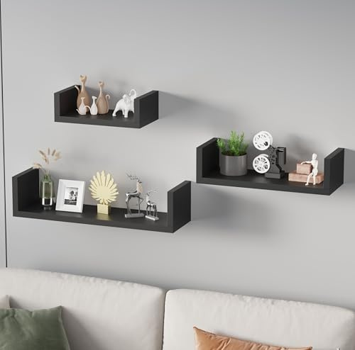 AVC Designs Floating Shelves Set Of 3 Wall Mounted Decorative Wall Shelf For Living Room, Bathroom, Kitchen, Office (Black)