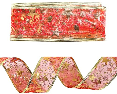 FILOEEX Weihnachten Schleifenband,Schneeflocke Organzaband,Gold Glitter Organza Geschenkband für Dekoratives Geschenk, Kranz,Handwerk,Weihnacht,Weihnachtsbaum Deko,2.5cm*5m (Red)