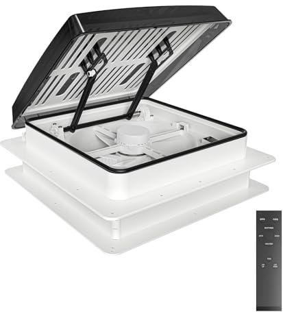OstarkDom Ventilador de techo para caravanas 40cm*40cm, Claraboya, Nivel de ruido ultra bajo de escape reversible con sensor de lluvia, ventilador permanente de nivel automático (Blanco Negro)