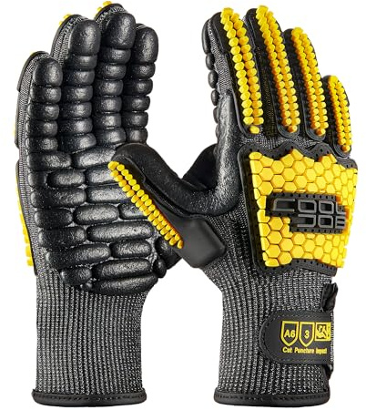 COOLJOB A6 Cut Resistant Anti Vibration Work Gloves Men, TPR Impact Reducing Mittens, Palm Rubber Patch Shock Absorption, L