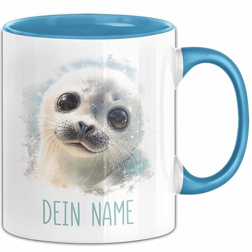Robben Tasse mit Namen – Personalisierte Kaffeebecher Geschenkidee süßes Tiermotiv Namenstasse (Blau)