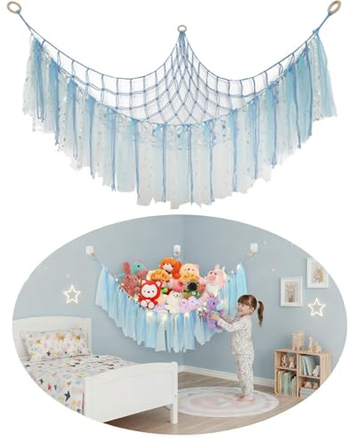 LAZYTAIL 2-Pack Teddy Hammock,Large Stuffed Animal Hammock Plush Toy Storage Net - with LED Light & Tassel, Girls Bedroom Kids Room Corner Wall Decor, Hanging Organizer for Plushie (Blue)