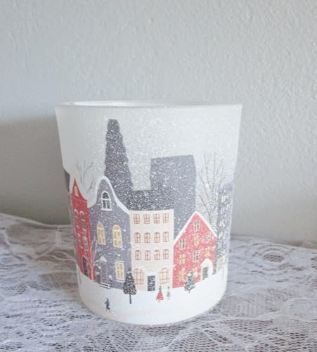 Windlicht Teelichtglas Stadt im Winter beschneit 10 cm hoch Weihnachten Weihnachtsdeko Glas