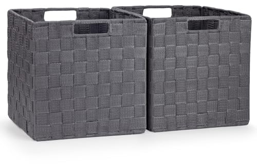 EHC Woven Polypropylene Collapsible Basket, Storage Cubes, Set of 2 Foldable Boxes For Cupboards, Shelves, Closet - Grey