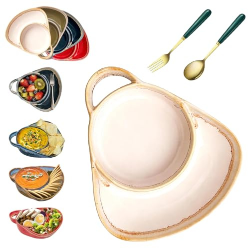 Soup and Sandwich Plate Combo, Ceramic Soup and Sandwich Bowl with Handle, Heat-Resistant Fan Shape Split Cereal Bowl, Easy to Clean for Breakfast, Snack, Salad, Dessert, Beige (Beige)