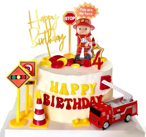 LIULINY 10 Stück Feuerwehrmann Tortendeko, Feuerwehrmann Kuchendeko, Feuerwehrauto Tortendeko, Feuerwehr Cake Topper Figuren, Feuerwehr Cake Toppers, für Kindergeburtstage und Thema Party