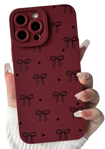 NITITOP for iPhone 12 Pro Max Case Cute Bow Love Heart, Wine Red | for Women Girls, Aesthetic Ribbon Bowknot Pattern, Color Back Soft TPU Shockproof Cover, Full Camera Protection