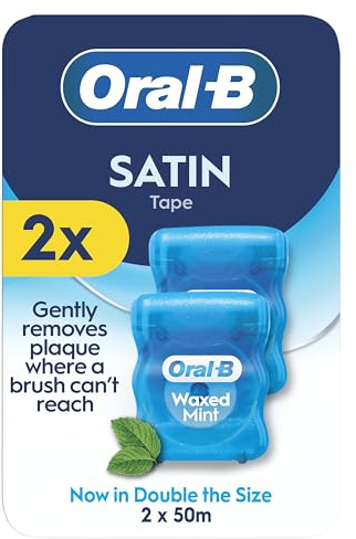 Oral-B Satin Tape Floss, Removes Plaque, Waxed Dental Floss for Tight Spaces, for a Fresh, Clean Feeling, Mint Flavour 50m Roll,2 Count