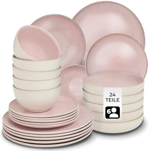 tectake® Set stoviglie 24 pezzi terracotta, servizio piatti 6 persone, set piatti moderni grandi, piccoli, fondi, ciotole, gres smaltato, design moderno, adatto lavastoviglie microonde - Rosa