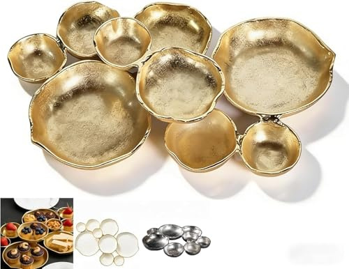 Cluster Serving Bowls Tray, 9 Round Serving Antique Gold White Finish, Multi-Compartment Centerpiece With Compartments For Nack & Appetizer Serv-Ing Dish For Dining Room Parties Wedding (Gold)