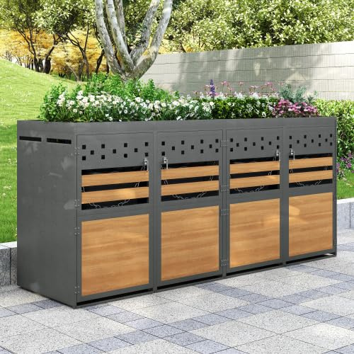 Cache-poubelles à 4 compartiments avec toit végétal pour 4 poubelles (120-240 litres), armoire métallique résistante aux intempéries, aspect bois, verrouillable avec serrure à poubelles, pour jardin