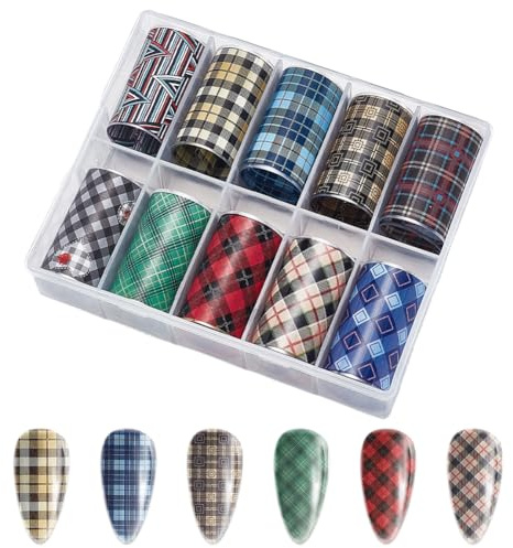 SOFPLATE 1 Scatola 10 Rotoli Fogli di Trasferimento per Nail Art Adesivi per Nail Art A Quadri Foglio di Trasferimento Pet Nastro Adesivo Rotolo Accessori per Manicure per Punte Manicure Avvolgimenti