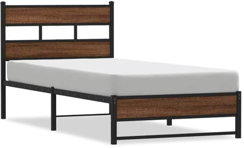 XHNIFBN Metallbett Braun Eichen-Optik 107 x 203 cm mit Lattenrost Bodenbett Modernes Design Robuste Stahlrahmen 91,5 cm Kopfteil für Schlafzimmer Gästezimmer Jugendzimmer