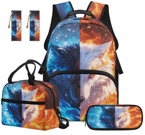 SEANATIVE Wolf Kids Backpack Set for Boys 9-12 Years Old Cool 17 Inch 5 Pcs School Bag with Lunch Box, Pencil Case & 2 Bookmarks for Middle School
