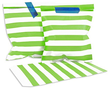 Frau WunderVoll® 100 PAPIERTÜTEN GRÜN, Streifen 13 x 16,5 cm, 45 Gramm Papier, flach/Candy Bar, Hochzeit, Kindergeburtstag, Papiertütchen, Candybag, Tüten, Mitgebseltüten