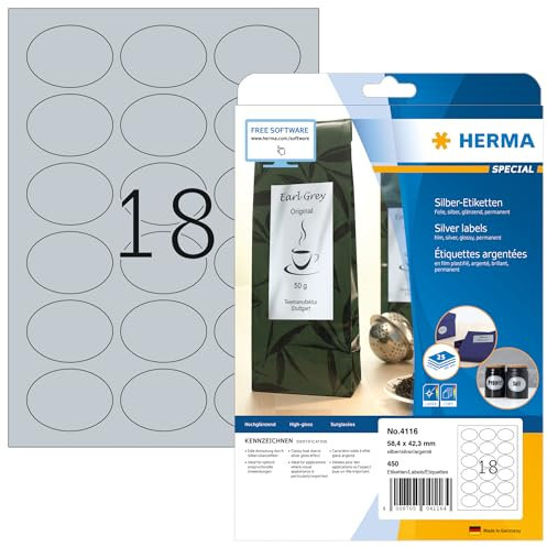HERMA 4116 Wetterfeste Folienetiketten oval silber, 25 Blatt, 58,4 x 42,3 mm, 18 pro A4 Bogen, 450 Stück, selbstklebend, bedruckbar, glänzend, blanko Klebeetiketten Aufkleber aus Folie