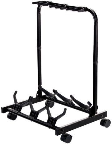 Rocktile Multistand 3-Fach Gitarrenständer - Mehrfach Gitarrenhalter für Klassik Gitarre, Akustik Gitarre, E-Gitarre, E-Bass - Gitarrenstativ klappbar mit Rollen - Saiteninstrumente Multi Stativ