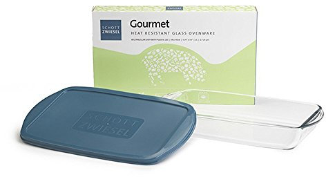 Schott Zwiesel Medium Rectangle Dish 34 x 19 cm with Blue Plastic Lid