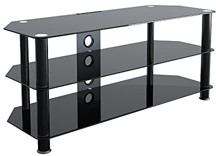 mahara Glass Corner TV Stand – Universal Black Glass TV Unit 114cm wide with Glass Shelves and Cable Management – TV Floor Stand Suitable for up to 55” TVs and Max Weight 45kg