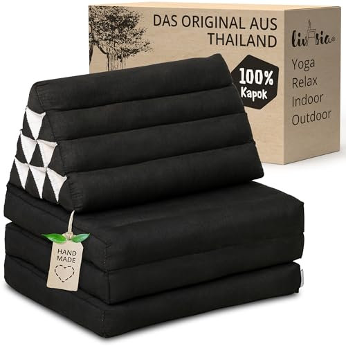 livasia Thaikissen 3 Auflagen einfarbig - 175x50x8cm - Dreieckskissen Klappmatratze, Keilkissen Kapok, Rückenkissen faltbar, Thaimatte Klappen, handgefertigt, Meditationskissen (Schwarz Uni)