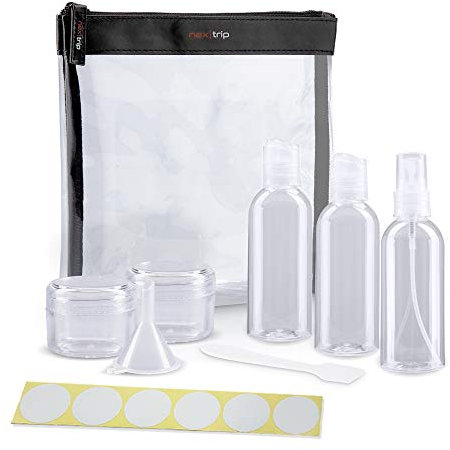 nex|trip Kulturbeutel Transparent + Behälter für Flüssigkeiten Handgepäck - Kosmetiktasche durchsichtig für Flugzeug - Reiseset Kosmetik Beutel - Stickerset