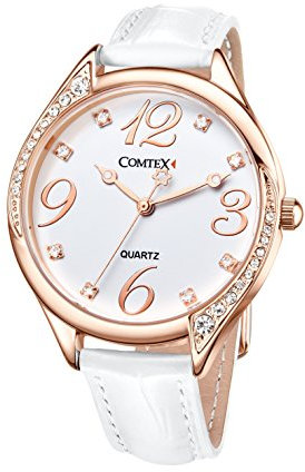 Comtex Damen Armbanduhr Strass Analog Quarz mit Leder Armband Rose Gold